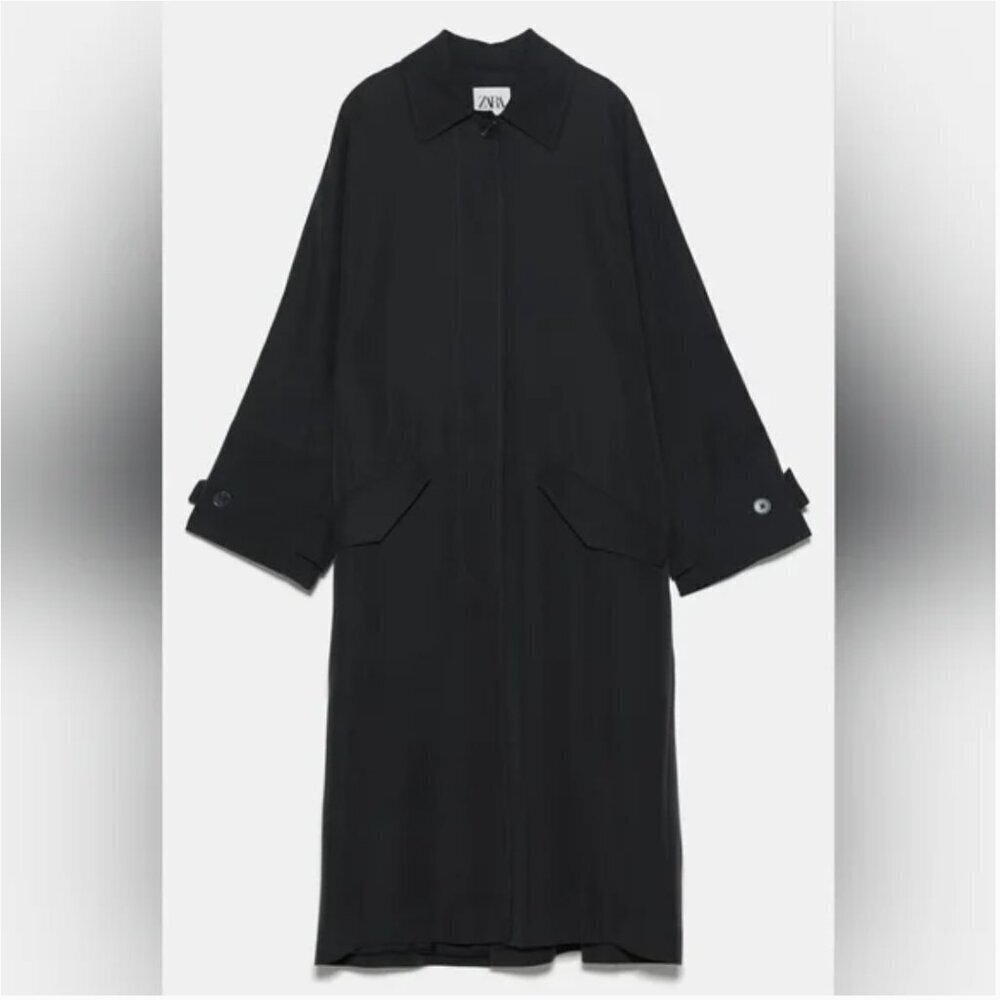 ZARA Oversized Batwing Sleeve Boxy Modal Poly Button Front Trench Jacket Size XS